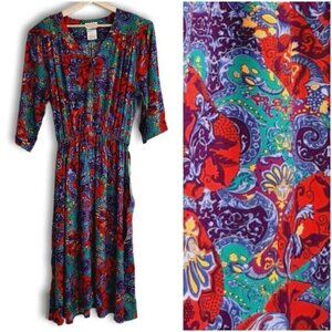 Vintage 80's CAMILLIA | Maxi Length Long Floral Dress Elastic Waist Colorful 18